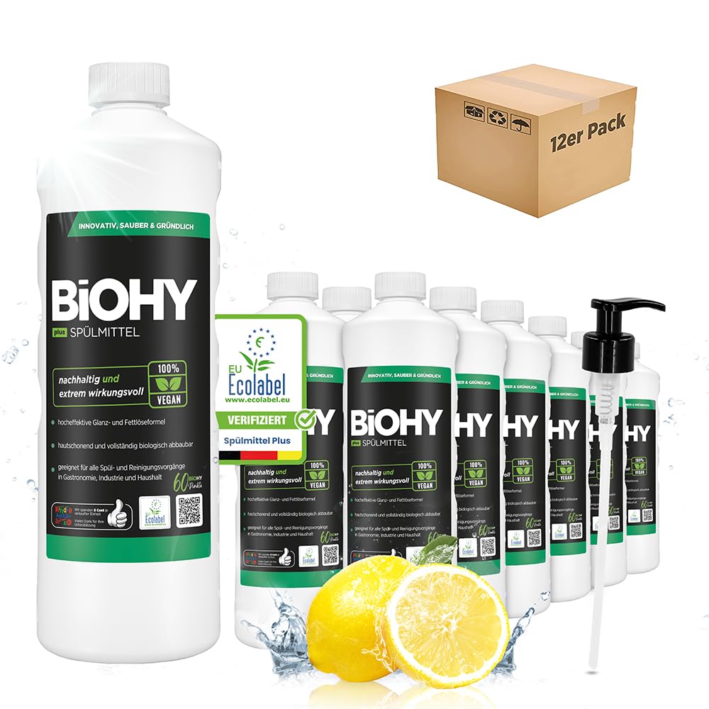 BiOHY Płyn do mycia naczyń Plus (12 x 1 l) + dozownik z pompką | ekologiczny koncentrat do naczyń z EU Ecolabel | bardzo mocny środek do usuwania tłuszczu | idealny do dozowników płynu do mycia