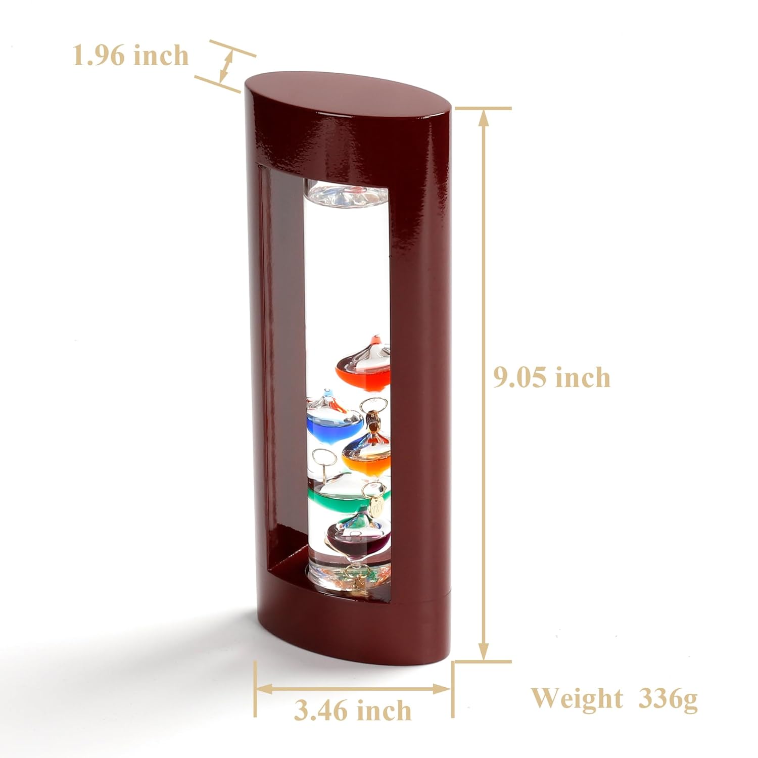 Lily's Home 9 inch Galileo Thermometer in Cherry Finish Wooden Frame, from 64ºF to 80ºF, Gift for Friends & Family, Holiday Gift, Indoor or Outdoor Home Décor, Stylish Décor for Any Room or Office