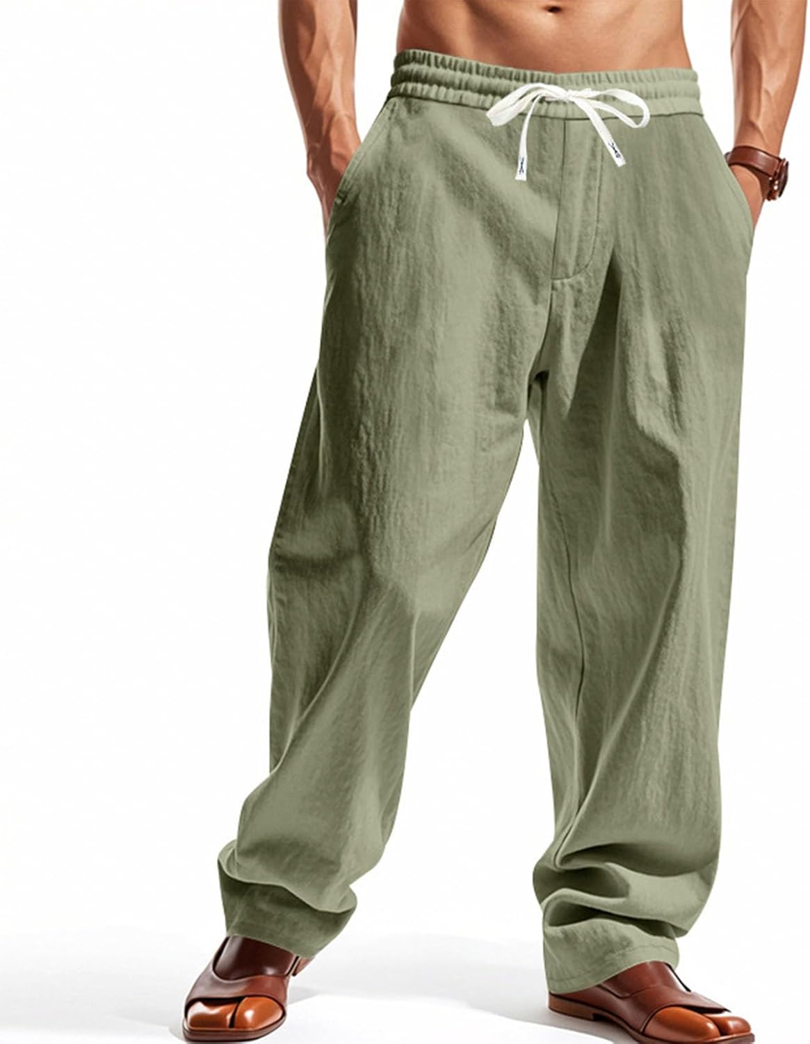 Zhyaj Men's Oversized Elastic Waist Linen Cargo Pants Summer Casual Beach Vacation Straight Trousers with Pockets