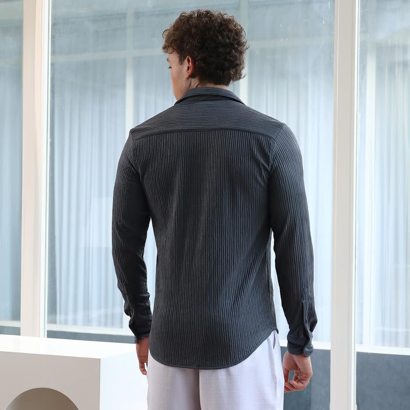 Image of CAHOOT Men's Hexagon-Lined Shirt | Casual Wear | Spread Collar | Long Sleeve | Button Closure | Shirt Crafted with Comfort Fit for Everyday Wear