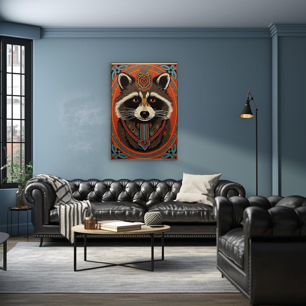 Canvas for Living room. Whimsical Gaze: A Raccoon Amidst a Kaleidoscope of Geometric Splendor, 27 x 18 inch Canvas Wall Art - Ready to Hang - 69x46 cm (27x18 inch)