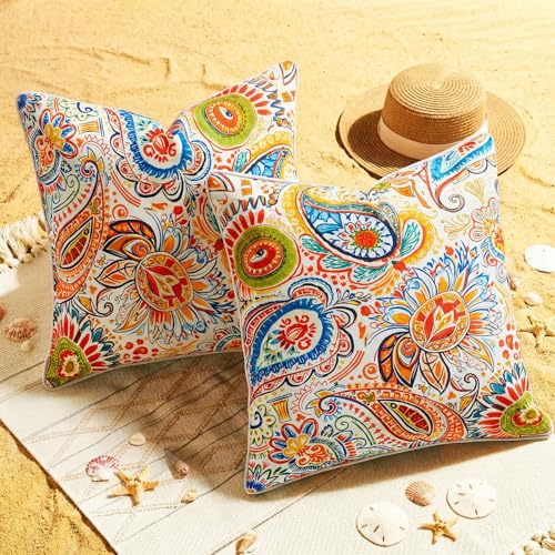 Tropical Yellow Flower Decorative Outdoor Throw Pillow Covers Waterproof 18x18 Set of 2, Floral & Leaf Aesthetic Throw Pillows for Front & Back Porch Hammock and Patio Furniture, Summer Decor Pillows