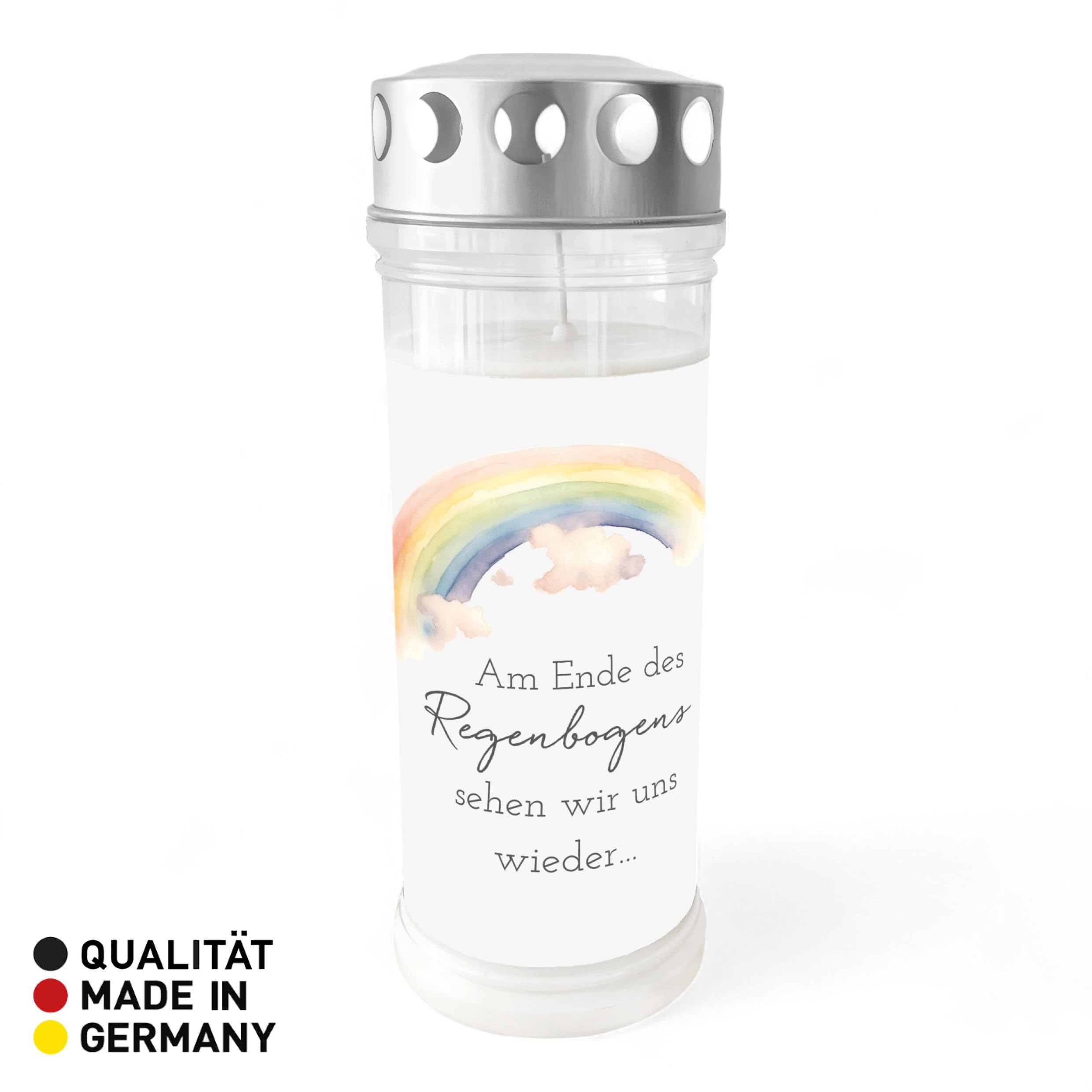 Grablicht 'Am Ende des Regenbogens sehen wir uns wieder' | 7 Tage Brenndauer, 100% Pflanzenöl