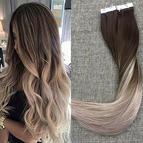 [Surprise]16Inch 40 Pcs 100 Grams Per Package Tape In Hair Extensions Human Hair Extensions Color #4 Dark Brown Fading To Color #18 Ash Blonde Diy Dye Ombre