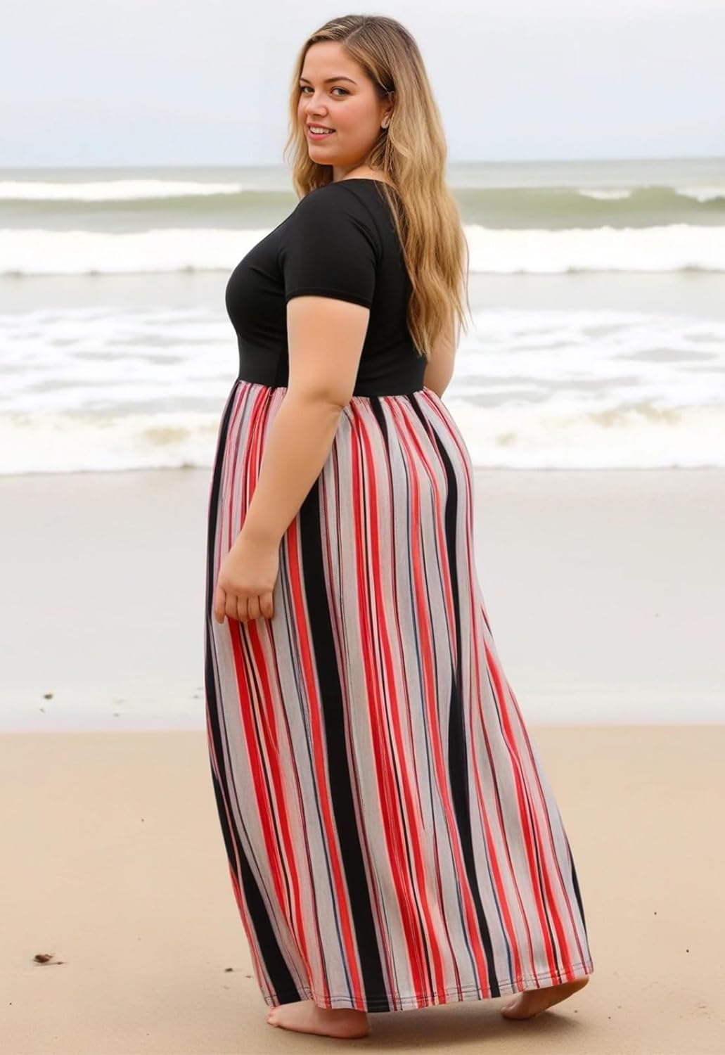 Nemidor Plus Size Maxi Dresses for Curvy Women Casual Short Sleeve Chevron Print Long Dress with Pocket 14-26 - Image 4
