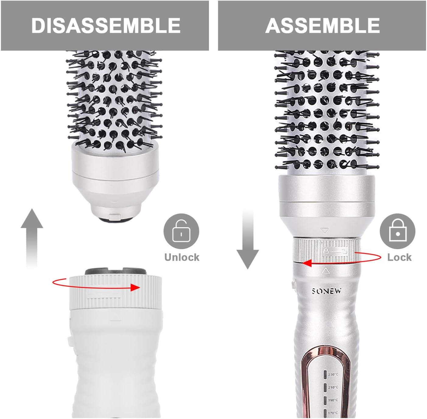 Sonew Heated Round Brush, Women's Thermal Curling Brush, Quick Volumizing Curling Brush, Detachable Portable Dual Voltage Design, Includes Storage Pouch and Hair Clips, Champagne Gold