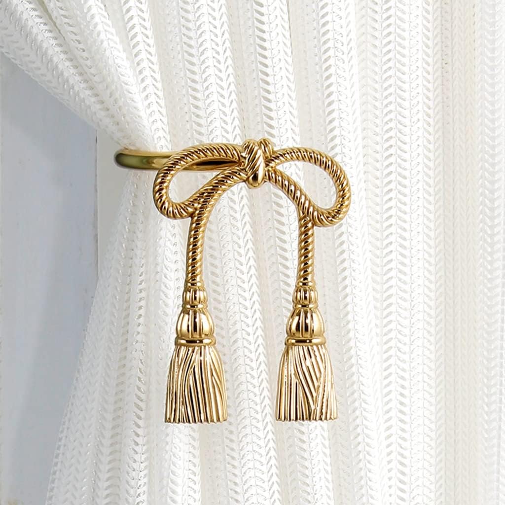 Hemp Rope Bow Decoration Curtain Holdbacks with Brass Hook - Set of 2 | Drapery Tiebacks with Wall Hooks for Curtains | Curtain Accessories for Home Decor