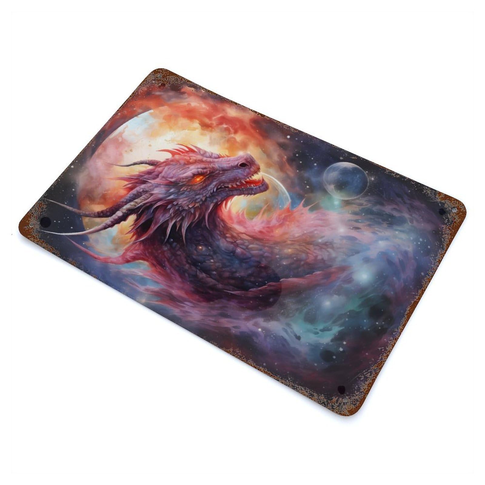 Dragon In The Universe Rustic Tin Plaque 11.8"x7.9", Ideal for Shed, Workshop And Garage Wall Decor