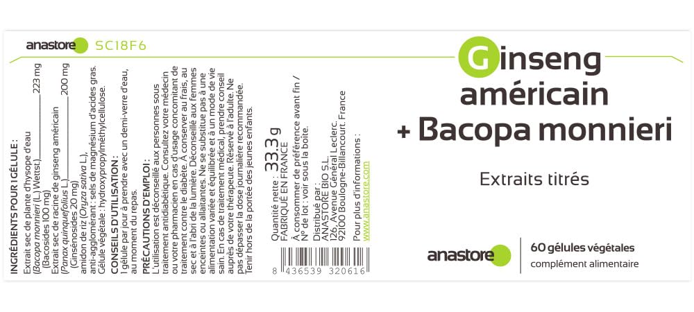 Ginseng (Cereboost™) + Bacopa monnieri * 423 mg/60 g Kapseln * Gedächtnis, Stress, kognitive Fähigkeiten, Konzentration * Verbessert die kognitive Leistung