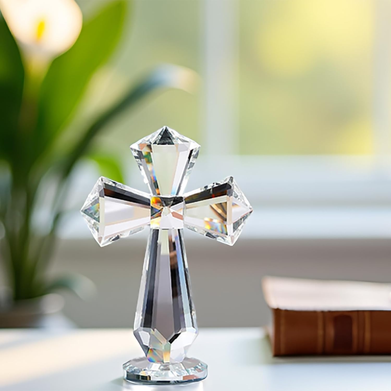 Hand-Carved Crystal Cross Desk Decor - 6 Inch Spiritual Gift for Christians, Clear K9 Crystal Religious Figurine with 360° Faceted Design, Home Altar & Office Inspirational Ornament (Transparent)