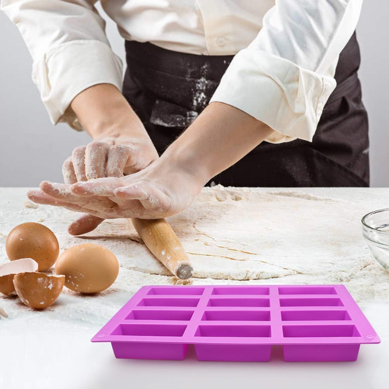 Set di 2 stampi rettangolari in silicone, 12 cavità, per barrette proteiche, barrette energetiche, caramello, pane, muffin, brownie, pane di mais, cheesecake, budino, burro, sapone, blu, viola