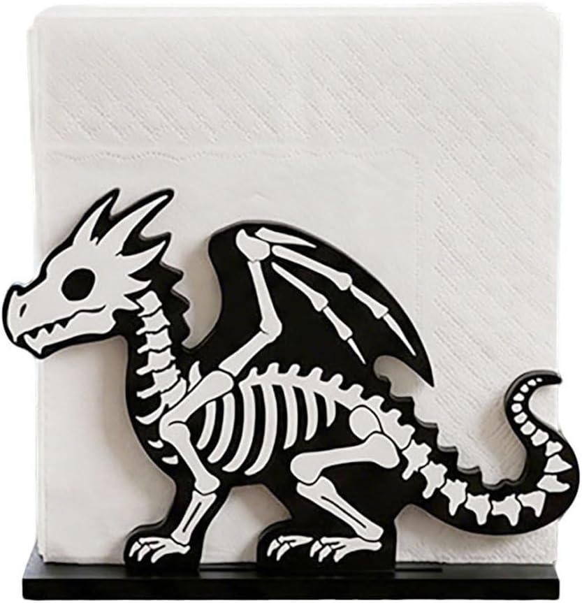 Halloween Black Dragon Skeleton Napkin Holder For Table, Gothic Wooden Dragon Napkin Dispenser for Halloween Party Table Decor