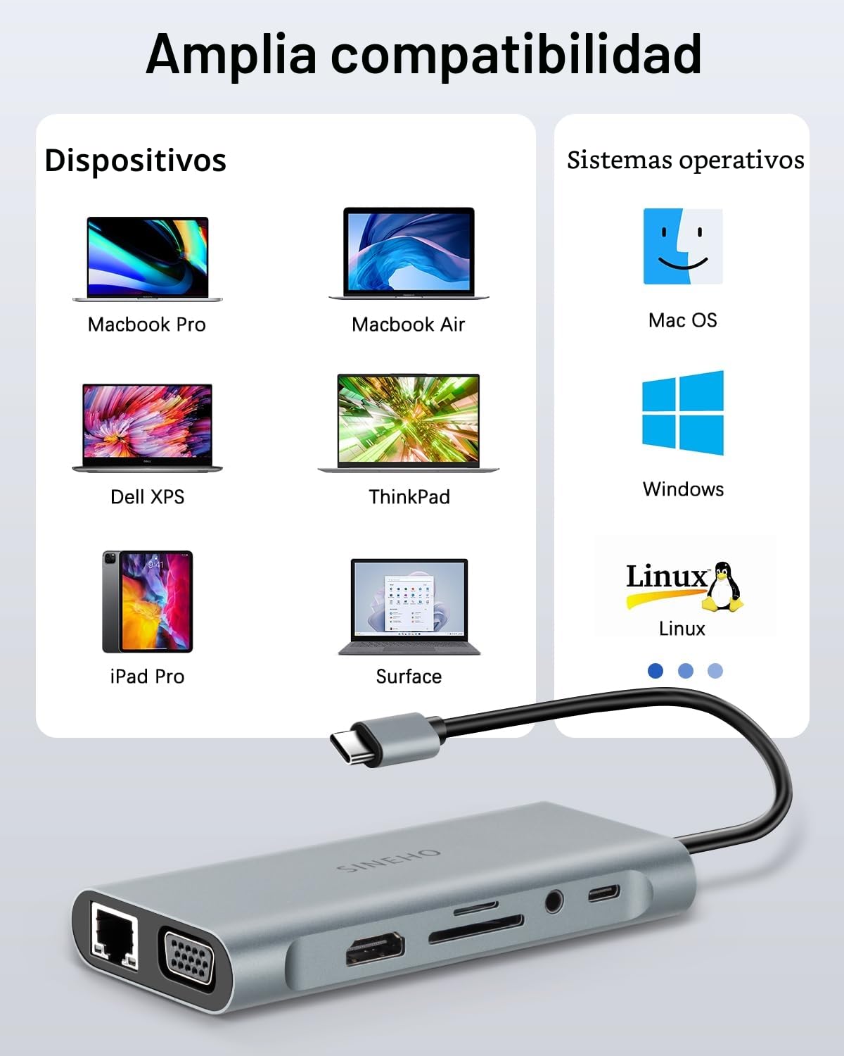 11 en 1 Docking Station USB C HUB USB C, Adaptador USB C con HDMI 4K, VGA, Ethernet, 4 Puertos USB, SD/TF, 100W PD, Audio 3.5mm, Compatible con MacBook Pro/Air, Surface, DELL, HP y más