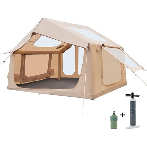 Inflatable Camping Tent, with Electric Air Pump, 4 Season Waterproof Windproof, Clear Skylight & 420D Oxford Waterproof, Air Tent with Mesh Windows/Doors