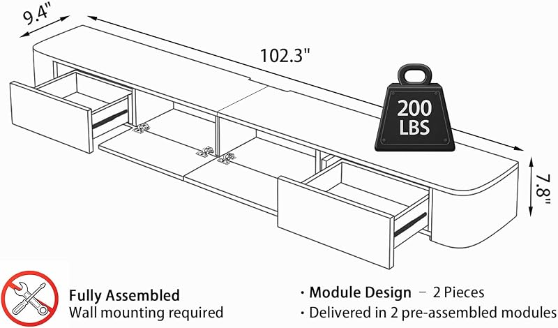 Modern Floating TV Unit with LED Lighting | Wall-Mounted Entertainment Media Console | Large Storage TV Bench for Living Room & Office (White Wood, 102.3'') image 6