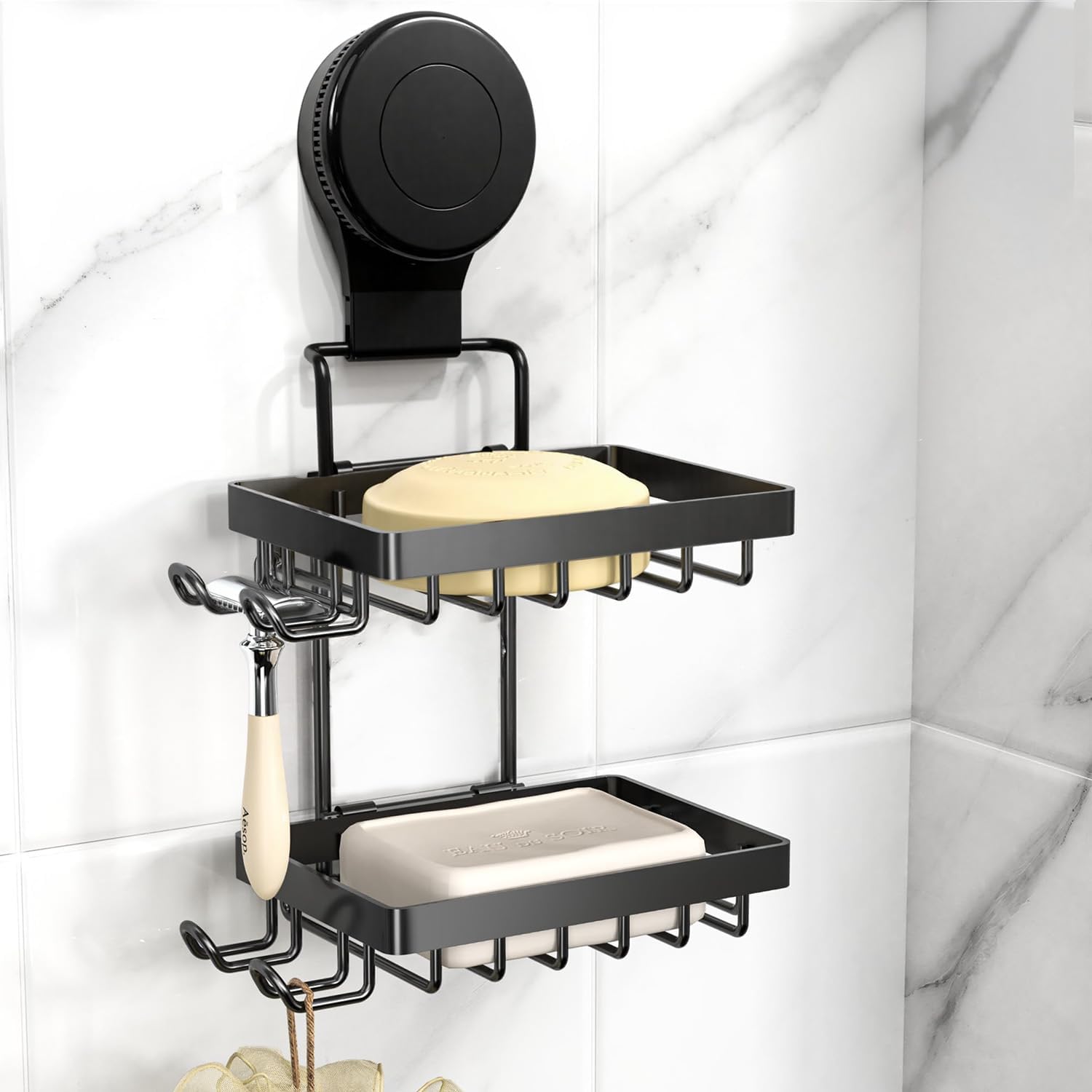 Soap Holder Dish Suction Cup, Bar Shampoo Rack for Shower Wall, Draining Soap Saver Tray for Bathroom, Rustproof Stainless Steel Sponge Holder for Tub, Kitchen, Drill-Free (Black, 2-Tier)
