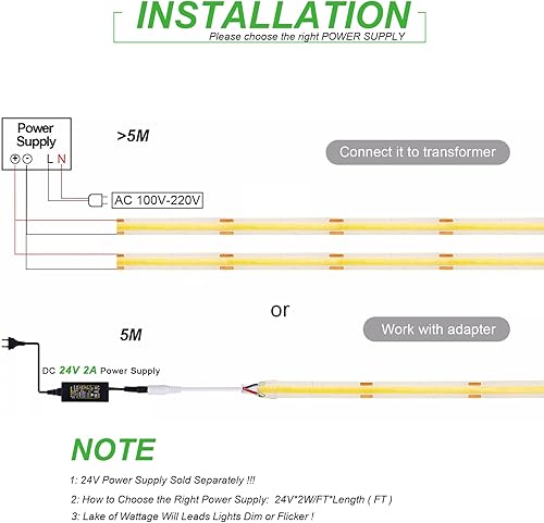 Miniatura 6 de JOYLIT Tira de luces LED COB de 24 V, 20 pies, IP65, impermeable, 5000 K, blanco, 320 LEDsM CRI 93+, brillante, uniforme, regulable, cinta adhesiva