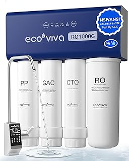 Ecoviva RO1000G Untertisch Osmoseanlage Umkehrosmoseanlage Trinkwasser mit Alkalisierung Wasser, Hoher Durchfluss, 3:1 Abwasser, NSF/ANSI 58 Standard, mit LED-Armatur, Langlebig Filterkartusche
