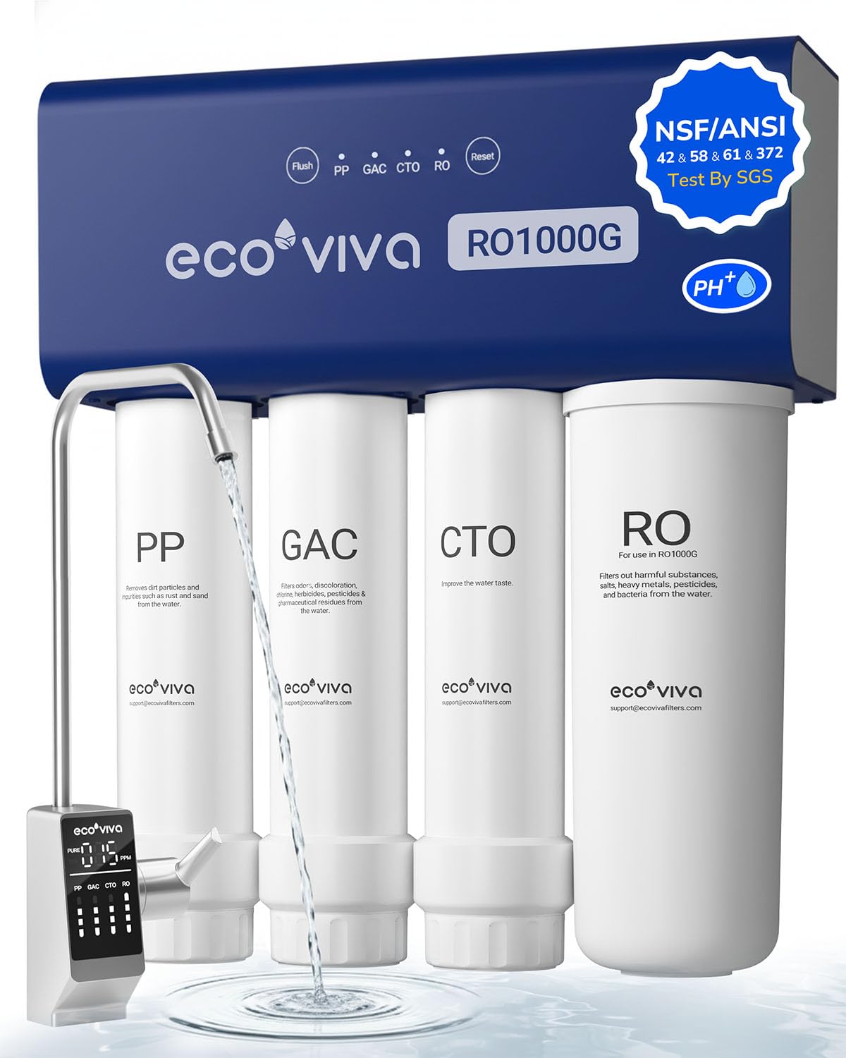 Ecoviva Untertisch Umkehrosmoseanlage Trinkwasserfilter mit Alkalischem Wasser, 1000G Direktfluss, Tankloses RO-Wasserfiltersystem, 3:1 Wassersparend, LED-TDS-Anzeige, Für Küche, Familie & Büro