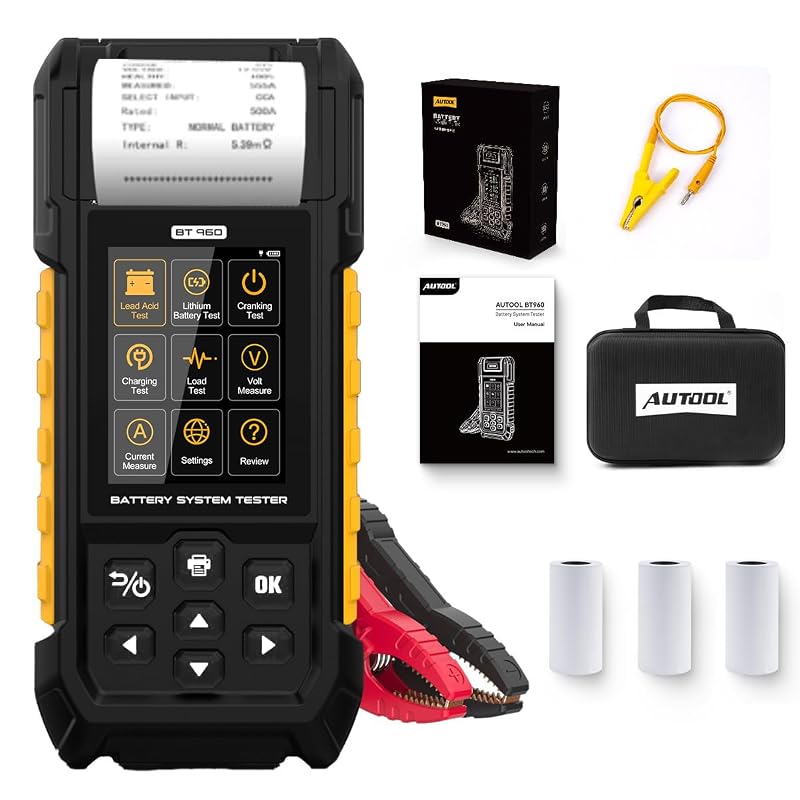 Testador de bateria automotiva AUTOOL BT960 12 V e 24 V para baterias de chumbo-ácido e lítio com impressora