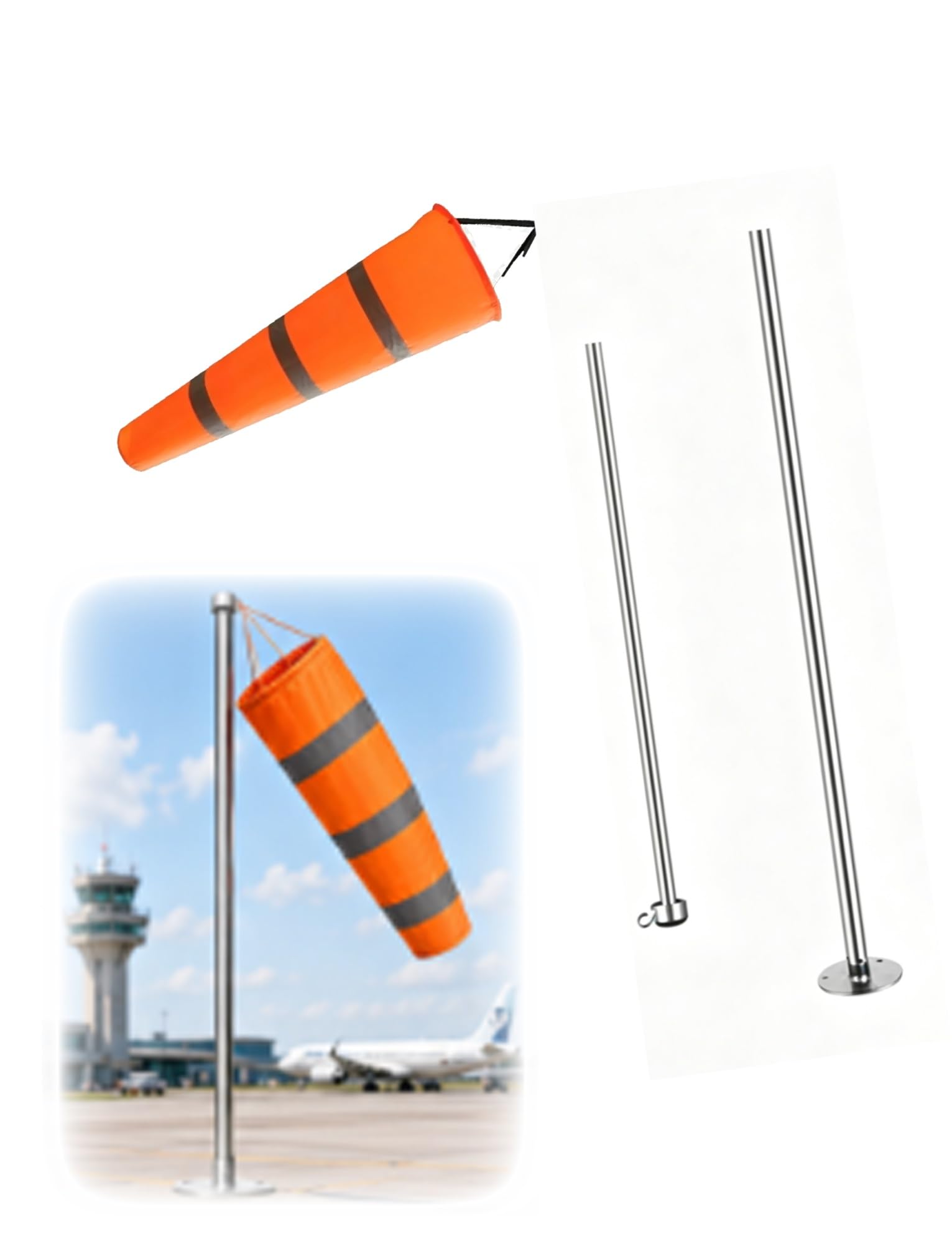 Générique Ensemble Manche à Air avec Mât de 200 cm, Indicateur de Direction du Vent Réfléchissant/Fluorescent en Tissu Oxford Imperméable, pour Aéroport, Station Météo(Reflective,200cm)