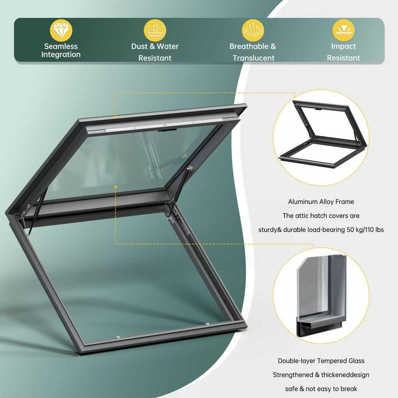 Custom Manual Skylight Window, Skylights for House Roof with Double Tempered Glass and Aluminum Alloy Frame, Roof Skylight for Home/Sun Room/Attic/Basement Daylighting