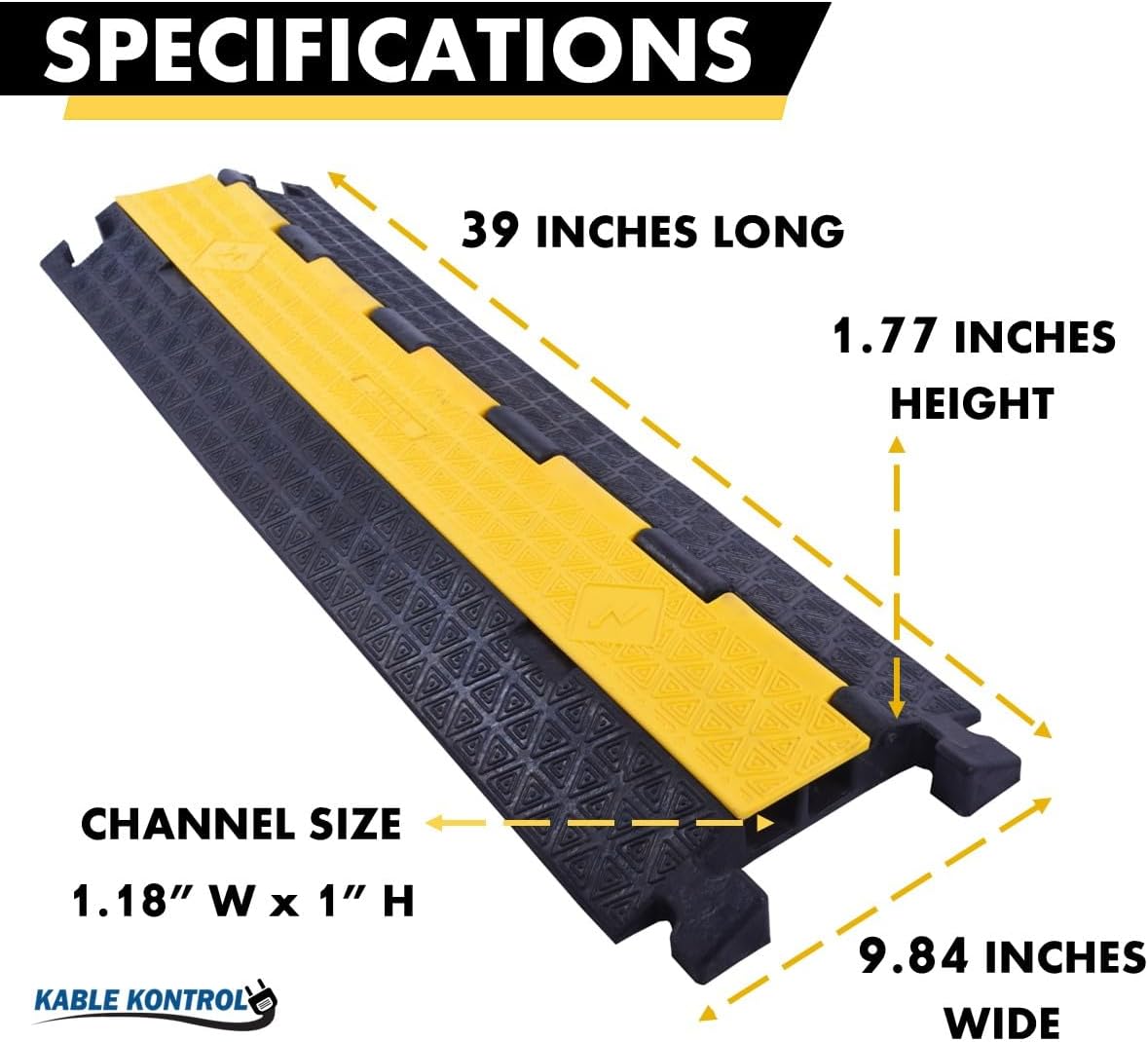 Kable Kontrol Atlas Cable Protector Wire Ramp - 2 Channel - 1 Pc - 39" Long Black & Yellow - 20,000 Lbs Load Capacity - Rubber Speed Bump Wire Protector Cord Cover - CP9972