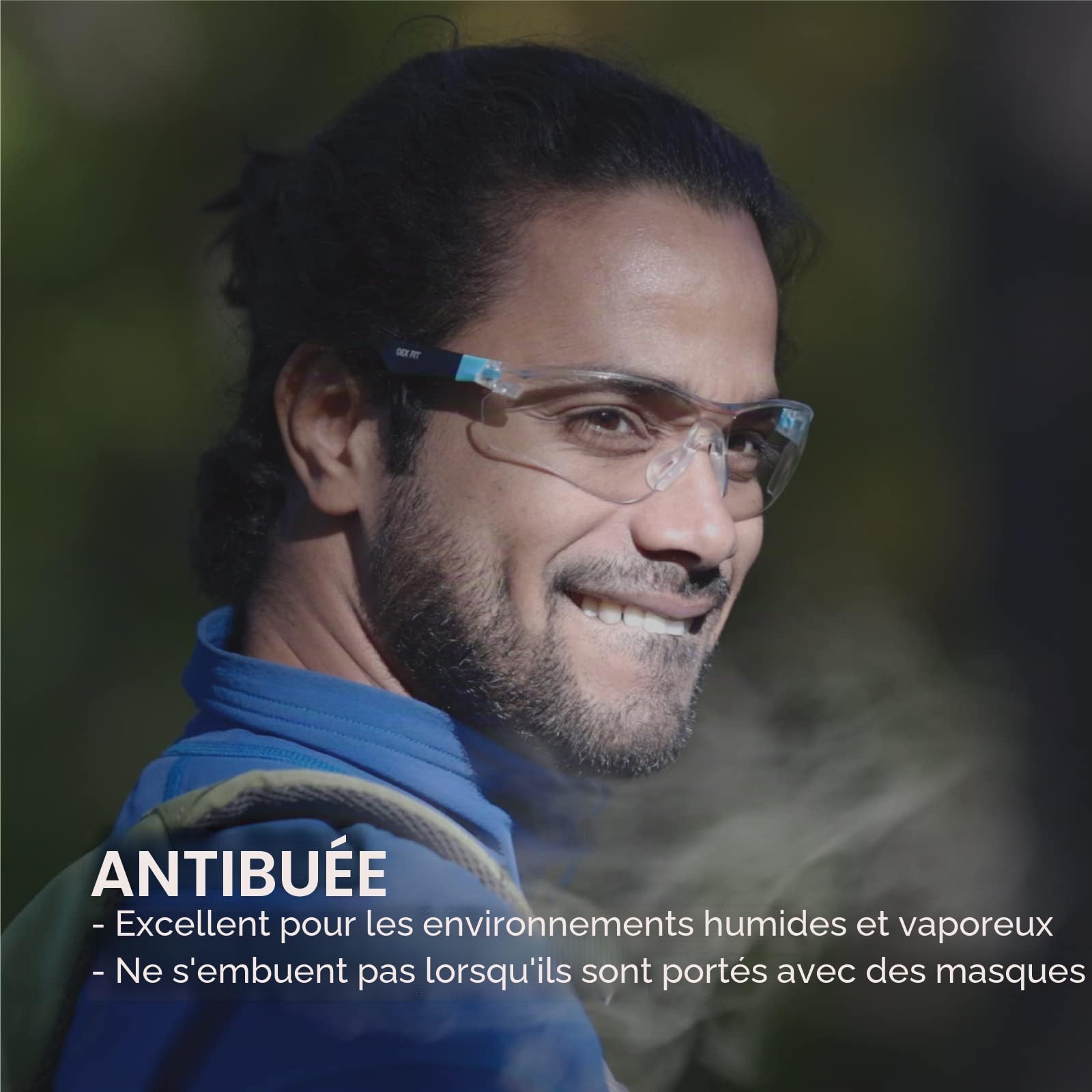 DEX FIT Lunettes de sécurité SG210 - Anti-buée & Anti-rayures, Protection Z87.1, Branches réglables, Grip antidérapant, Verres anti-UV385 pour Construction, Labo & Médical; Noir & Bleu, Lot de 6