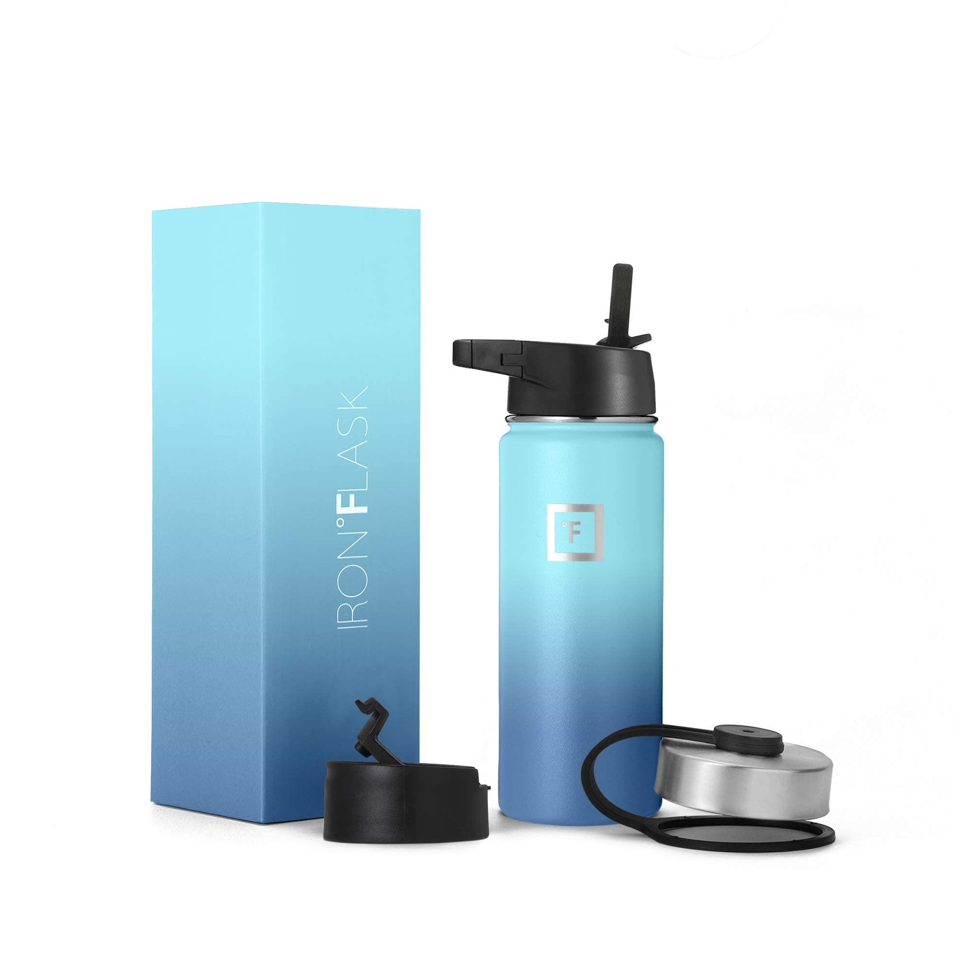 IRON °FLASK Camping & Hiking Hydration Flask with Straw, Wide Mouth Insulated Stainless Steel Sports Water Bottle - 18 oz Blue Waves