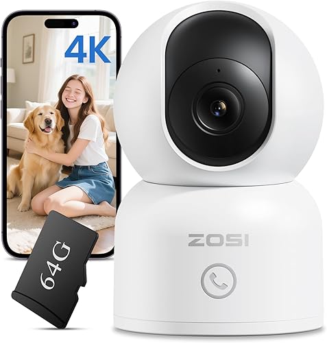 ZOSI Cámara de seguridad para interiores 4K, C518 WiFi PanTilt para mascotaperrobebé, seguimiento automático, detección de humanoscarasmascotas,