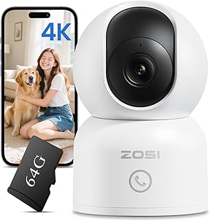 ZOSI 4K Überwachungskamera Innen WLAN mit 64GB Karte, 2,4/5Ghz WiFi, 360° Schwenkbar, KI Personen-/Haustiererkennung & Verfolgung, 2-Wege-Audio, One-Touch-Call, C518