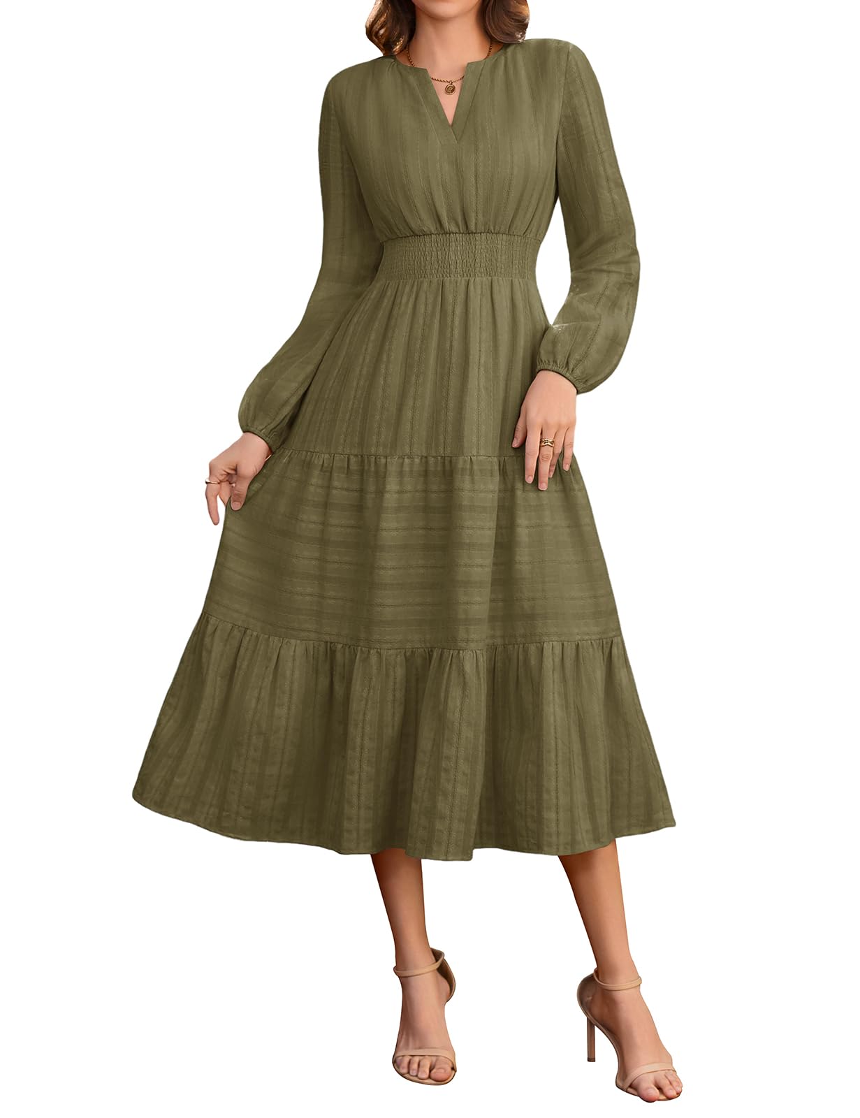 HEEKPEK Women's V-Neck Elastic Waist Tiered Flowy Maxi Dresses with Pockets