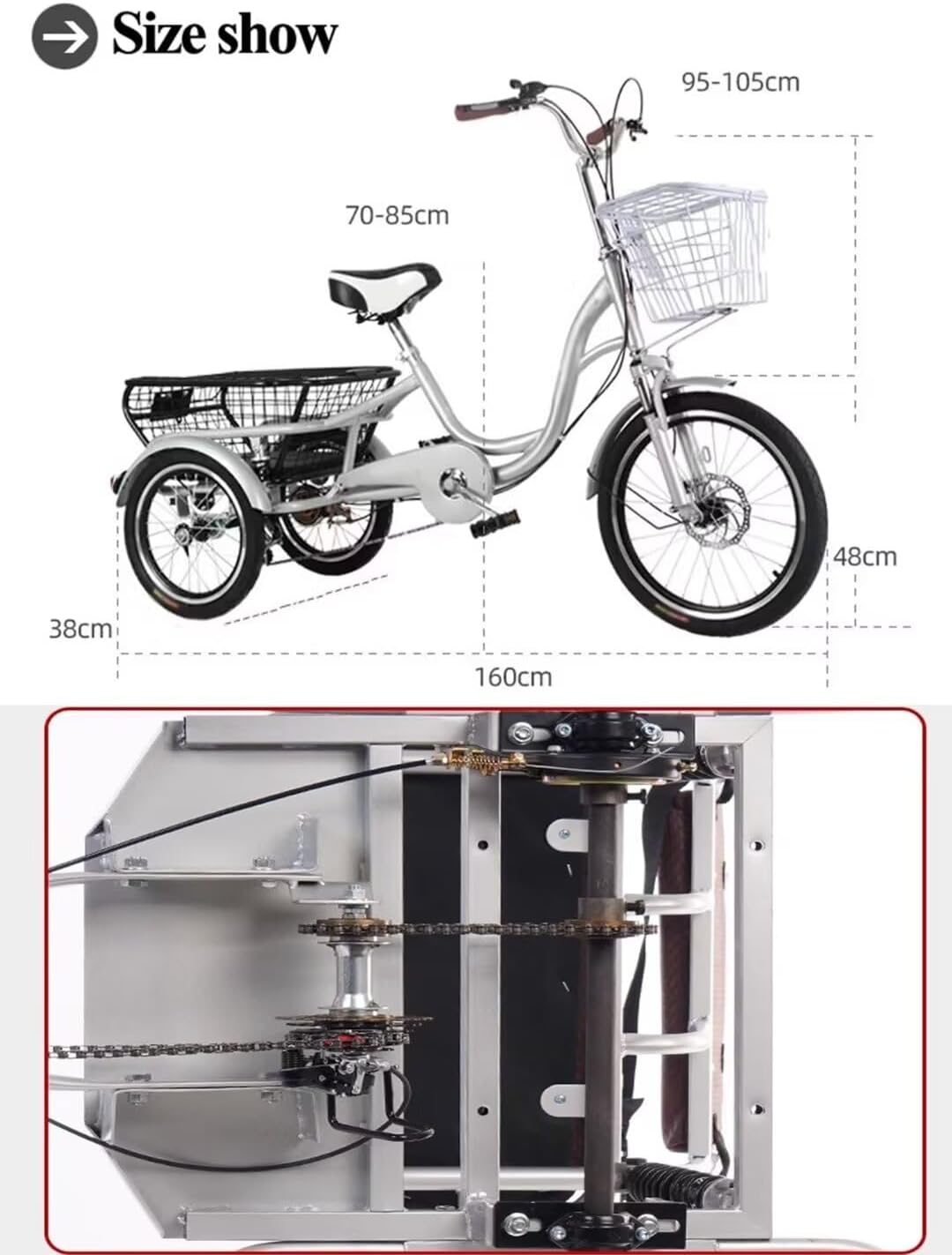 Elderly Tricycle Pedal Scooter with Vegetable Basket,6-speeds Rickshaw Tricycle,Shock Absorb Front Fork,Cargo Trike for Hanging Out and Traveling,3 Wheels Bicycle (Silver)
