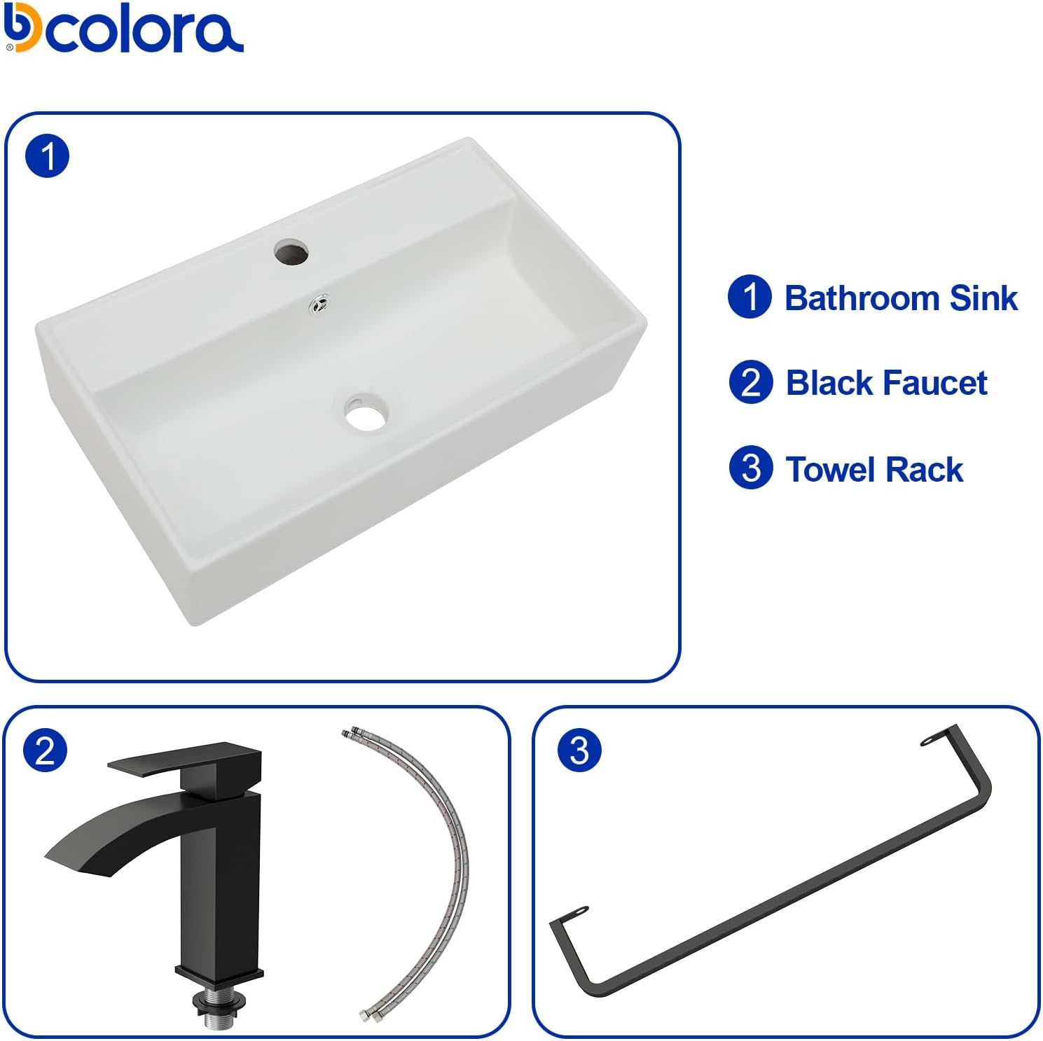 Dcolora 21 In. White Wall Mounted Bathroom Sink, Rectangular Ceramic Wall Hung Sink with Black Faucet & Towel Rack, Space-Saving Basin for Small Bathrooms #DC-SFDOE00089