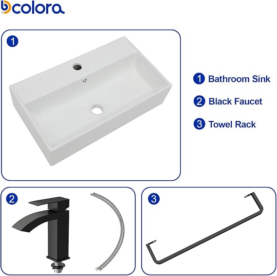 Dcolora 21 In. White Wall Mounted Bathroom Sink, Rectangular Ceramic Wall Hung Sink with Black Faucet & Towel Rack, Space-Saving Basin for Small Bathrooms #DC-SFDOE00089