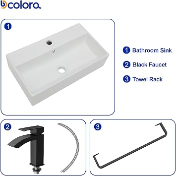 Dcolora 21 In. White Wall Mounted Bathroom Sink, Rectangular Ceramic Wall Hung Sink with Black Faucet & Towel Rack, Space-Saving Basin for Small Bathrooms #DC-SFDOE00089
