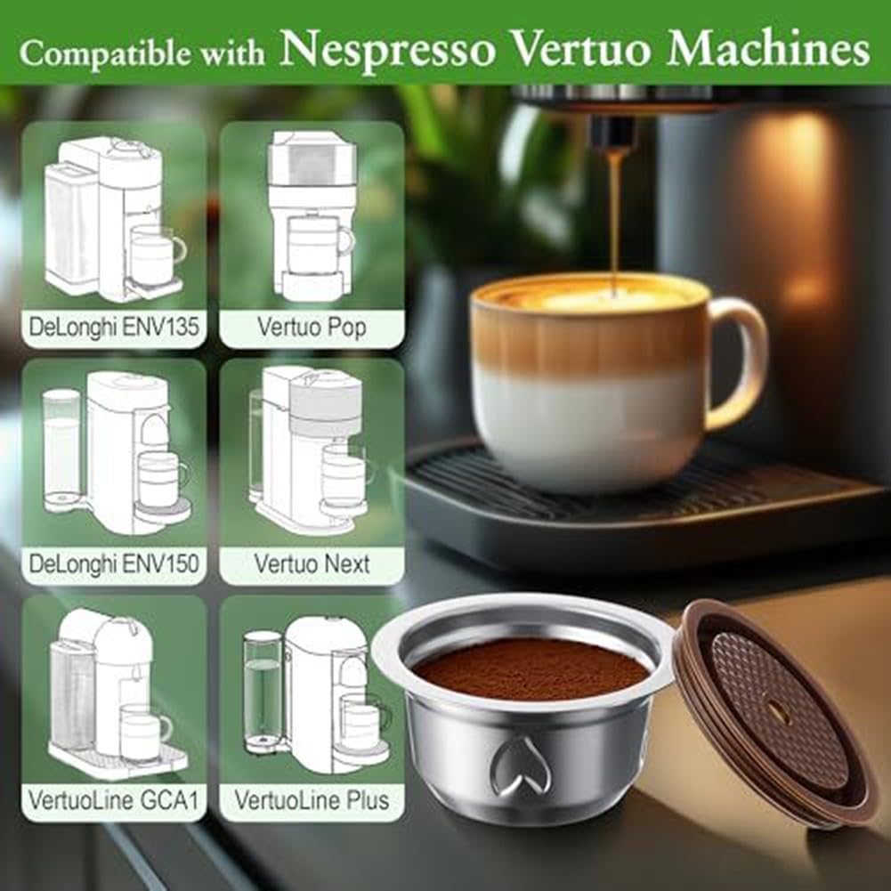 Cápsulas de café reutilizables de acero inoxidable, juego de filtros recargables con tapa y cepillo de cuchara, carcasa de metal respetuosa con el medio ambiente para preparar la cocina en