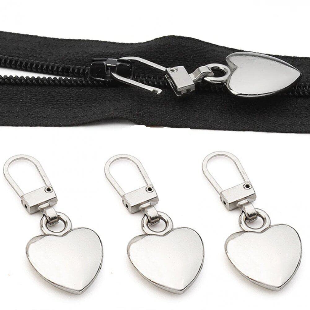 Wudaizhi Silver 5Pcs/Set Metal Zipper Sliders Puller Heart Shape Detachable Replacement Diy Zip Pull For Repair Craft Accessories