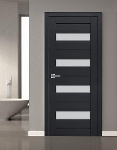 Miniatura 7 de Interior sólido francés 30 x 80 pulgadas Veregio 7455 gris mate con vidrio esmerilado Marco de panel individual regular manija Baño dormitorio