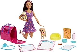 Barbie Doll and Accessories Pup Adoption Playset with Brunette Doll in Purple, 2 Puppies, Color-Change Animal and Pee Pad, Working Carrier and 10 Pieces
