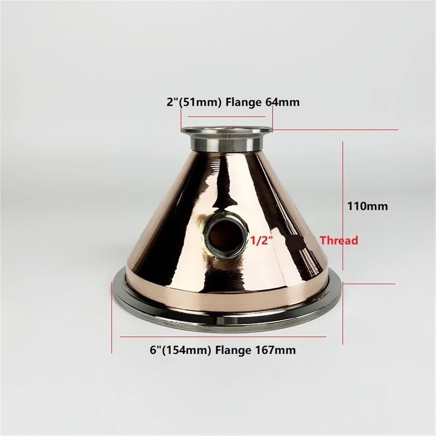 2"(51mm) Flange 64mm X 6"(154mm) Flange 167mm Tri-clamp Copper Bowl Reducer With 1/2" Thread For Distillation(With Thermometer)