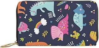 Carteiras femininas de couro genuíno dinossauros coloridos animais porta-cartão de crédito com zíper organizador de embreagem de couro feminino bolsa longa de viagem, Dinossauros Coloridos Animais, 7x4.3x0.8 Inches
