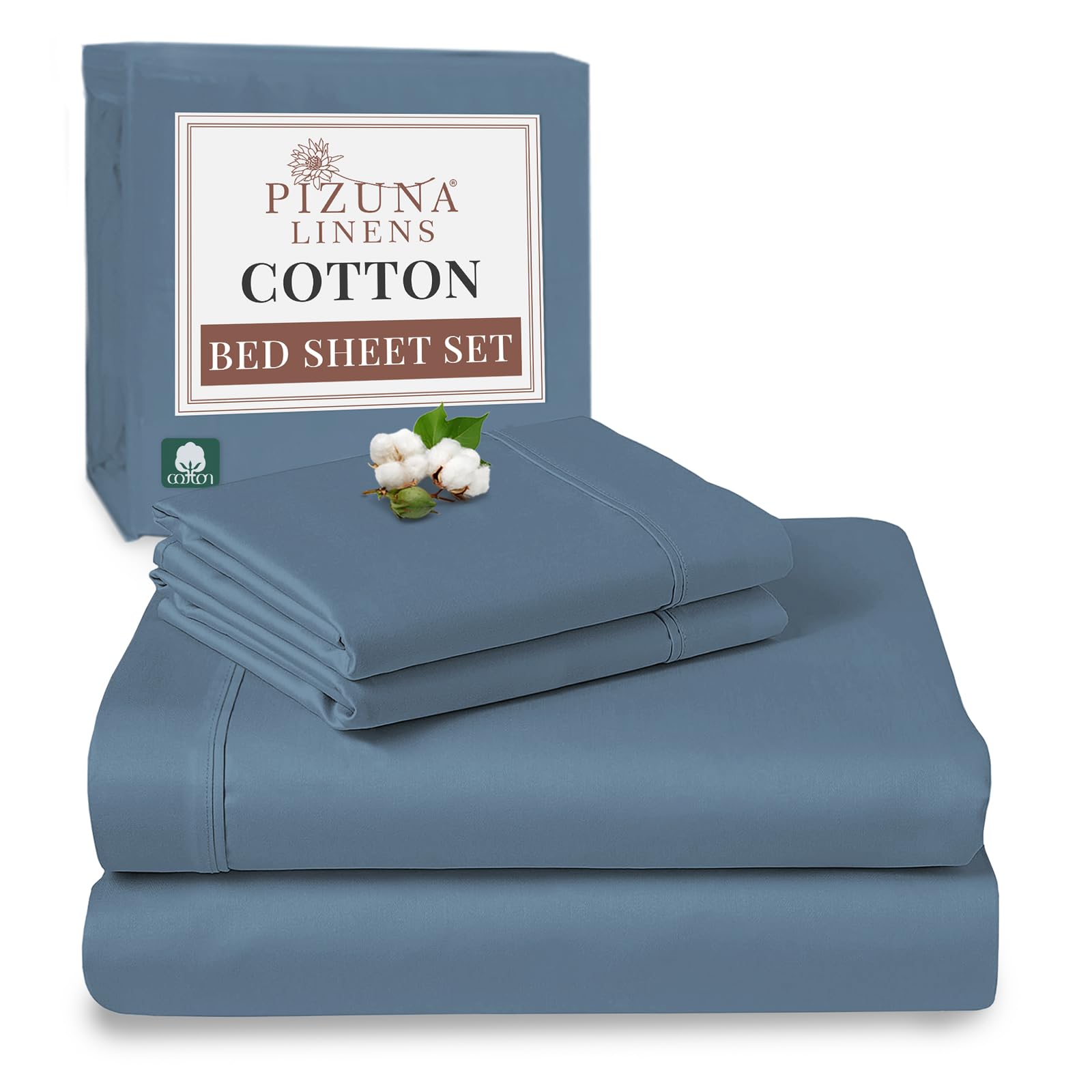 Pizuna 100% Cotton Super King Bed Sheet Set Dusty Blue, 400 Thead Count Long Staple Cotton Bedding Set 300x280 cm, Soft Sateen 4 PC King Bed Sheet Set -Fitted Sheet, Flat Sheet & 2 Pillowcases โ image 1