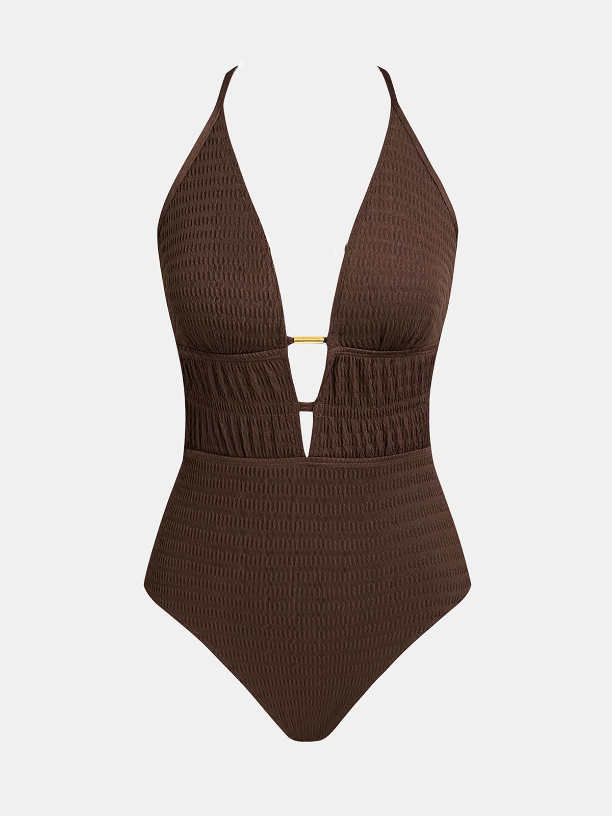 CUPSHE Traje de baño de una pieza para mujer, cuello profundo, recortado, texturizado, fruncido, espalda cruzada, con lazo