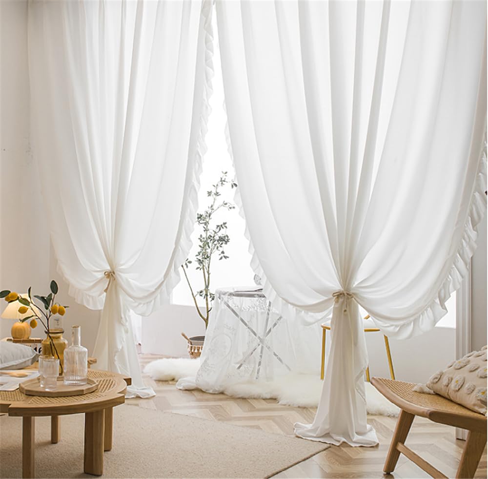 ホワイトレースカーテン フリル付き Amazon｜2枚入 姫系 白い レースカーテン ホワイトフリルトリム