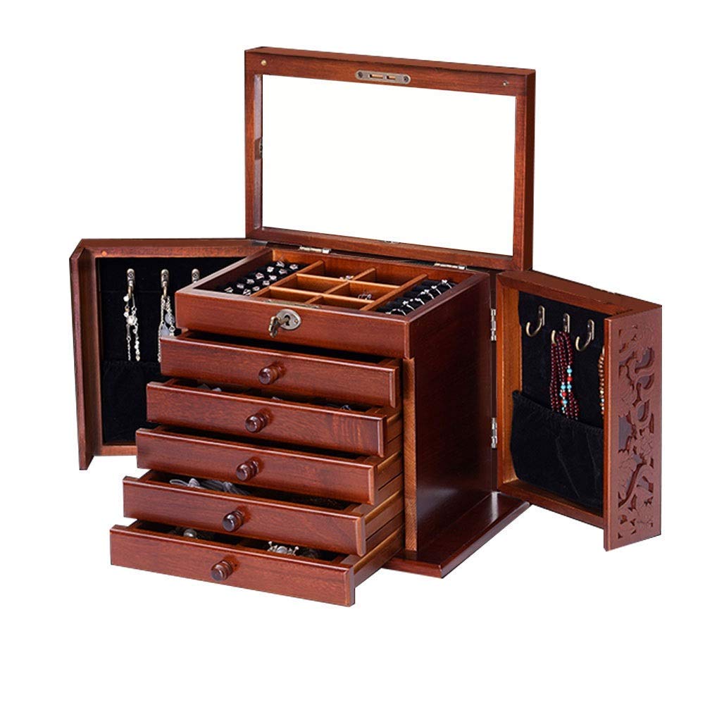 SBCGFY Gift For Women Jewelry Boxes Jewelry Box Wooden Showcase Six Floors High Capacity With Mirror Velvet Vintage Versatile Carved Storage Box For Jewelry New Year Presents,