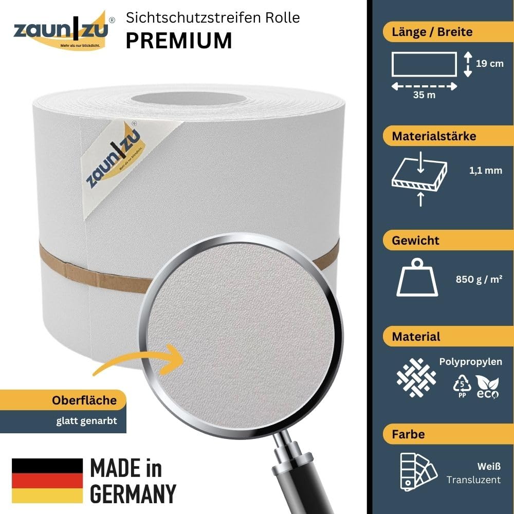 Premium 35 Meter Rolle 19cm hoch | genarbte Oberfläche | Sichtschutzstreifen PP für Doppelstabmatten UV-beständiger Sichtschutz | Zaunblende Made in Germany Weiß, 35m