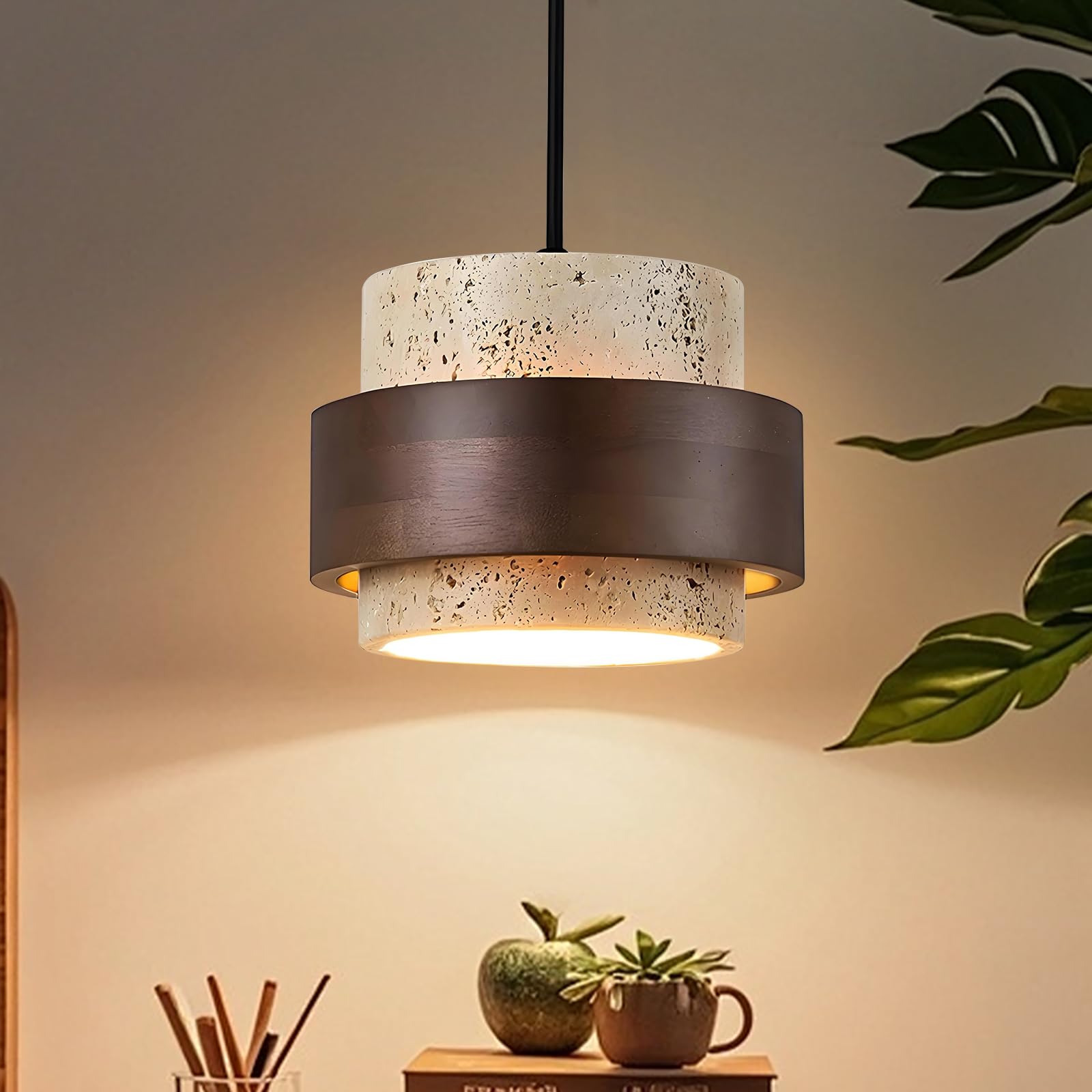 Photo 1 of BOSHANGMEI Wabi Sabi Chandelier - Nordic Natural Stone Light, Yellow Travertine Wabi Sabi Lamp for Entryway/Cafe/Restaurant, Hardwired with Adjustable Height