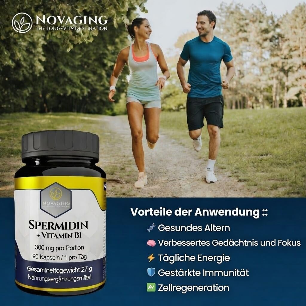 Spermidin 6 mg + Vitamin B1 – 90 Kapseln 100% vegan | 3 Monate – Präzise dosiert. Maximale Bioverfügbarkeit. Getestet auf Gentechnik und Allergene. Made in Europe. Novaging©