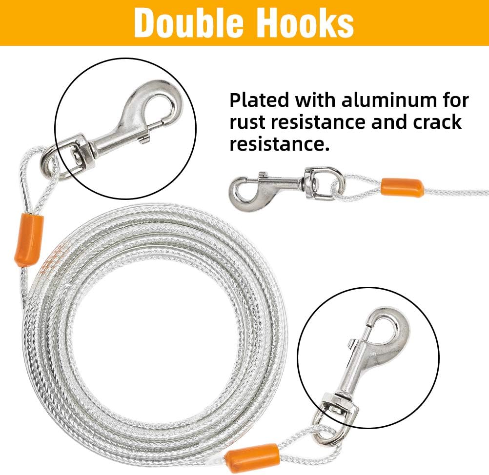 EXPAWLORER Dog Tie Out Cable and Stake - 3 Pack 30ft + 10ft Escape Proof Reflective Steel Wire Ropes and Anti-Rust Spiral Ground Anchor